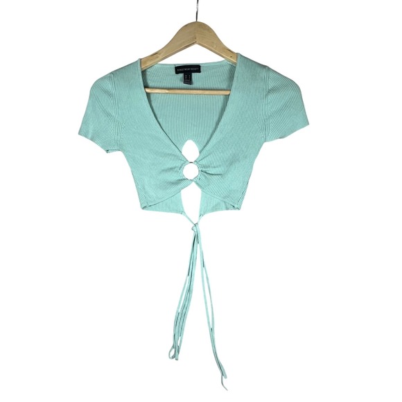 Streetwear Society Mint Green Ribbed Knit Crop Top Tie Front V Neck Short Sleeve - Picture 1 of 9